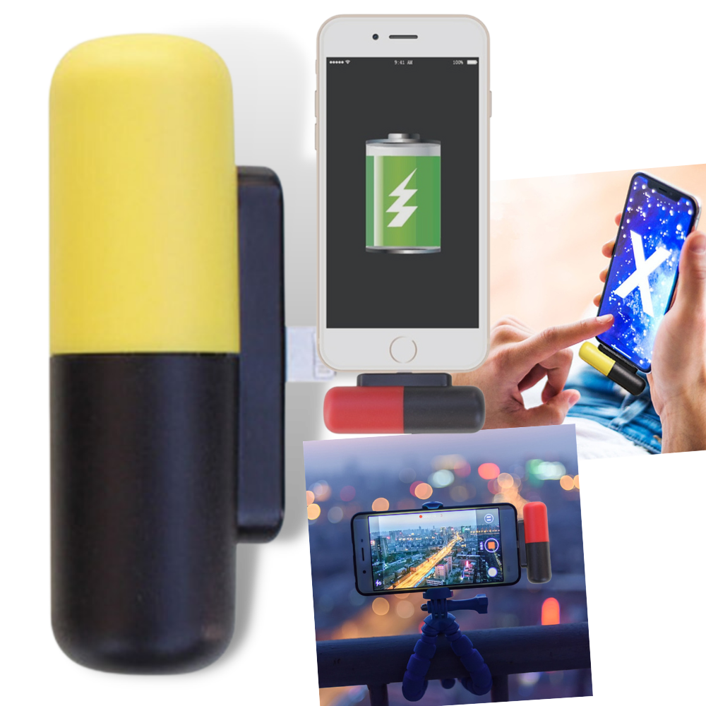 Carregador portátil em forma de cápsula amarelo Hesxuno, fonte de alimentação compacta e portátil com design de relâmpago.
