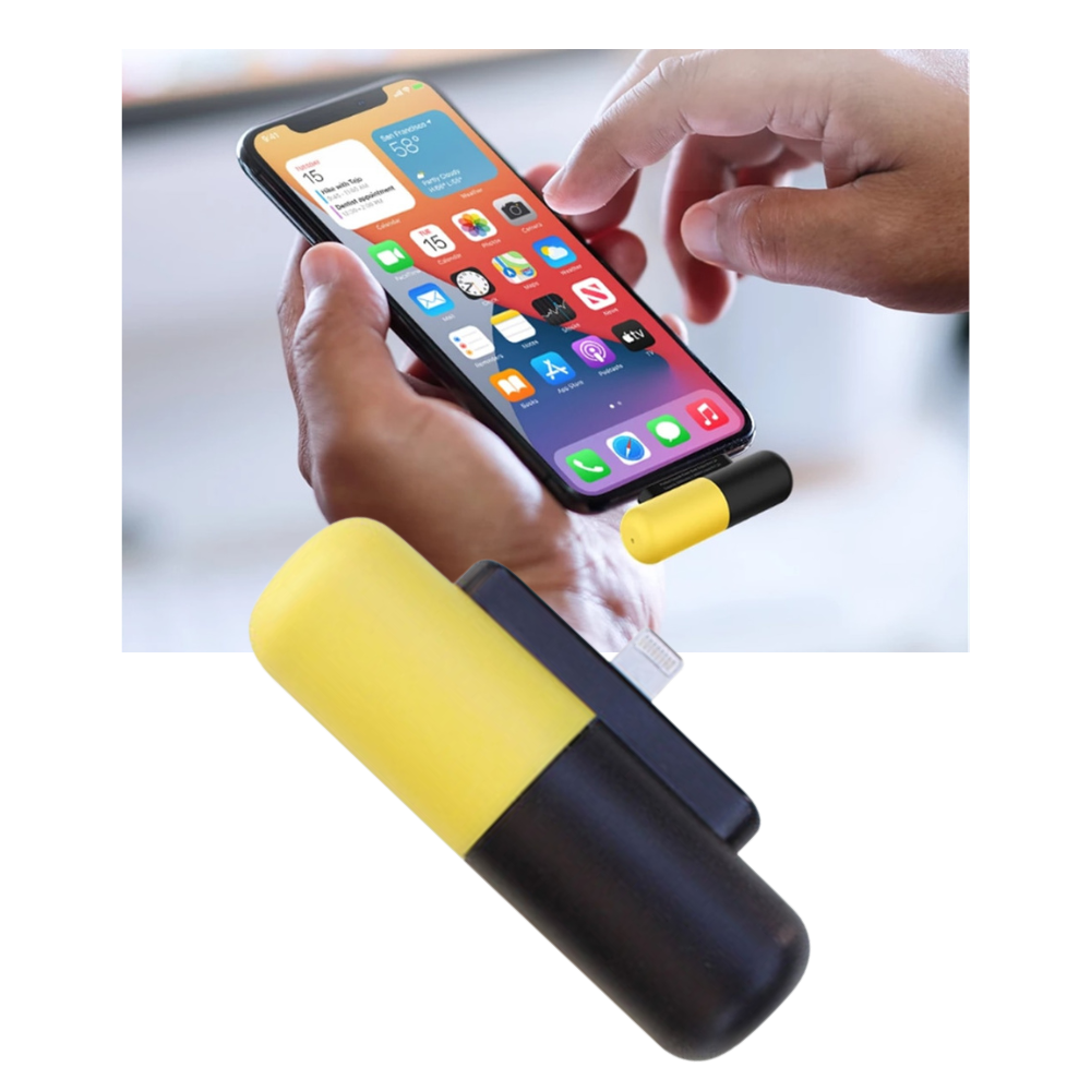 Carregador portátil em forma de cápsula amarela Hesxuno, energia compacta e eficiente para dispositivos móveis.