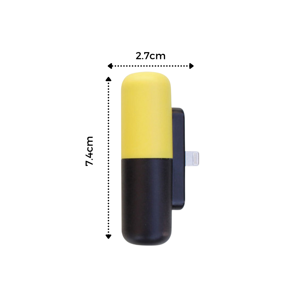 Mini carregador portátil Hesxuno em forma de cápsula amarela com símbolo de raio, compacto e portátil para recarregar dispositivos.
