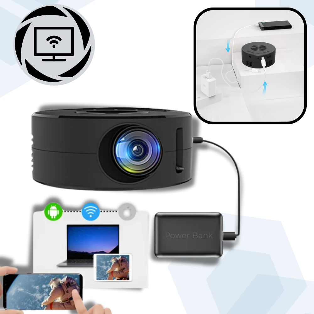 Mini projetor de vídeo em alta resolução da Lngoor, com conexão para exibição de filmes e vídeos em alta qualidade.