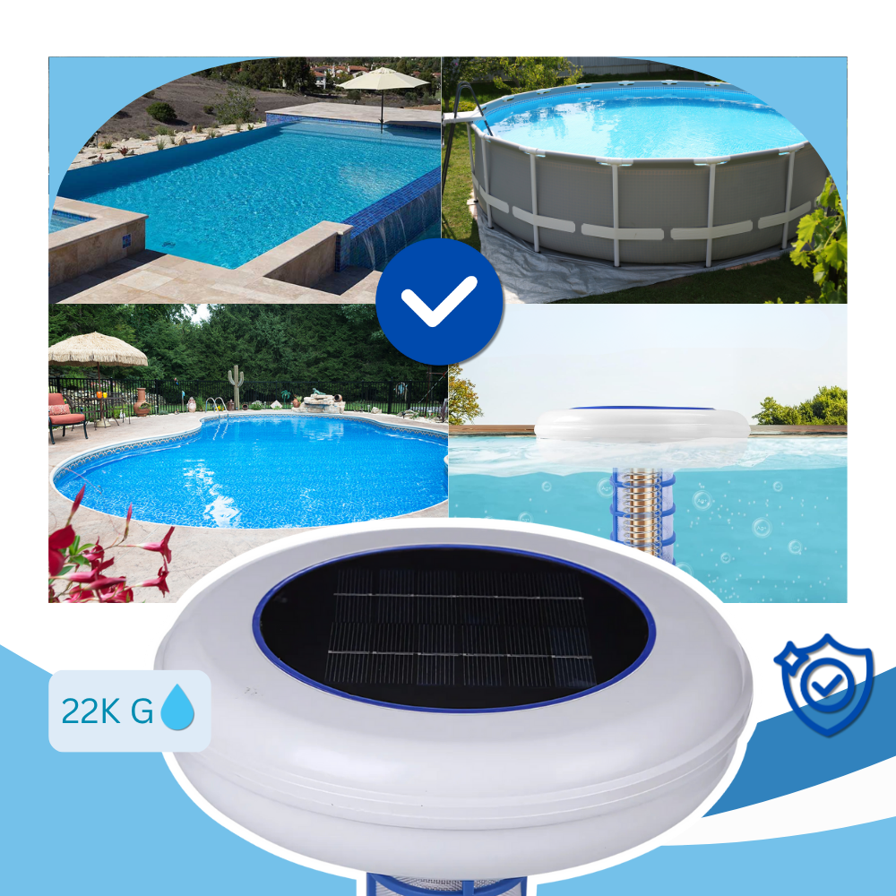 Ionizador solar de piscina Hinbest, acessório para piscinas e spas, com painel solar e componentes de controle visíveis.