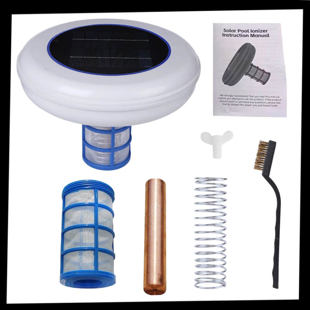 Ionizador solar de piscina Hinbest, acessório para piscinas e spas, com painel solar e componentes para tratamento da água.