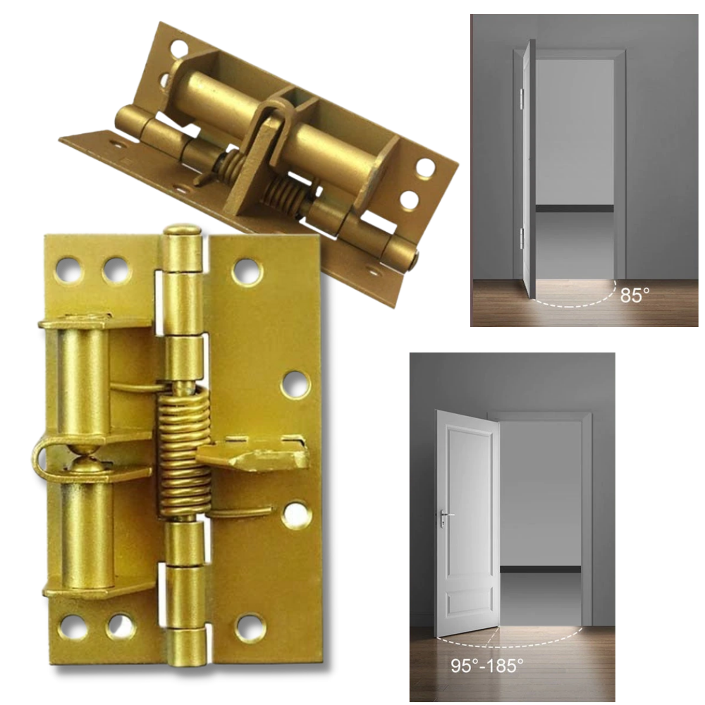 Conjunto de dobradiças de porta multifuncionais Hinge Outlet com fechamento suave, acabamento prateado, para portas leves e duráveis.