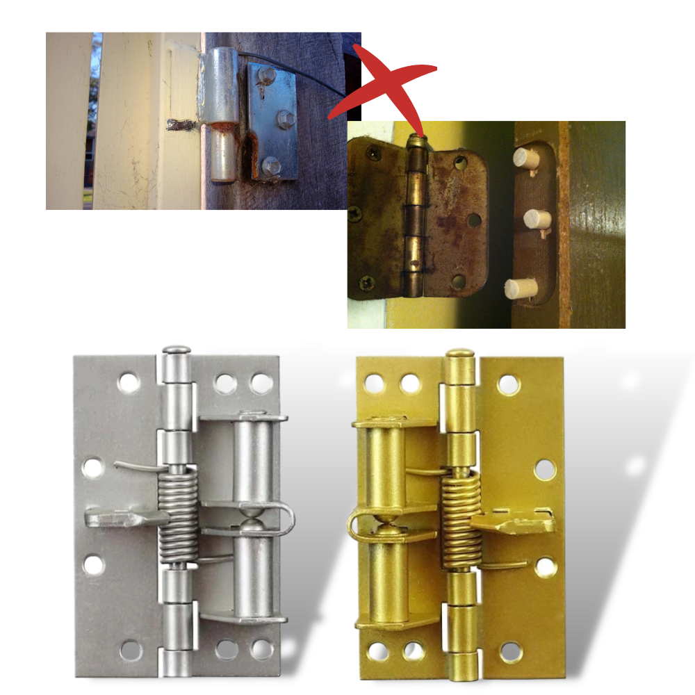 Charnière de porte polyvalente Hinge Outlet en argent, avec fermeture douce pour portes, visible en image.