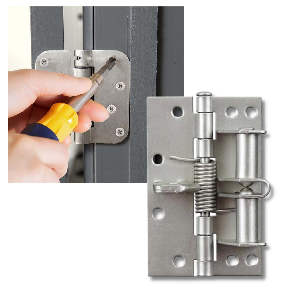 Duas charnières de porta prata da Hinge Outlet com fechamento suave, ideal para portas multifuncionais.