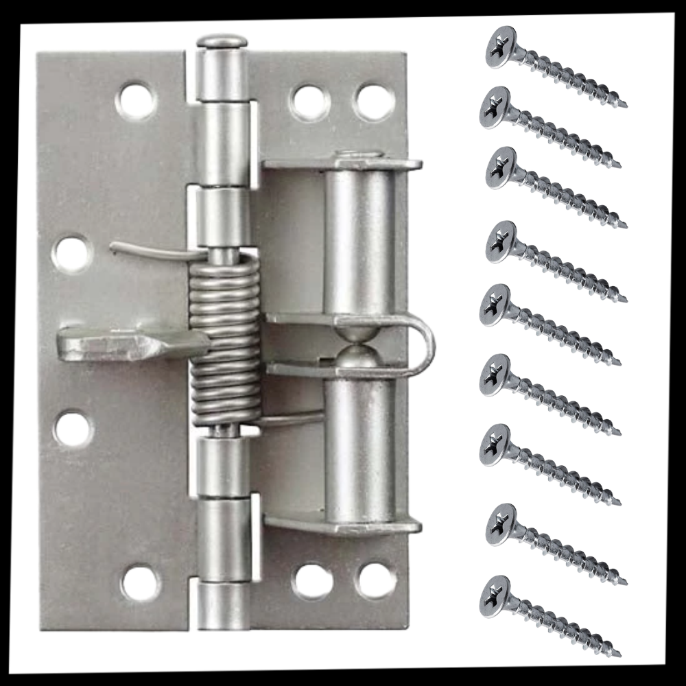 Charnière de porte polyvalente Hinge Outlet en argent avec fermeture douce, adaptée pour portes intérieures et extérieures.