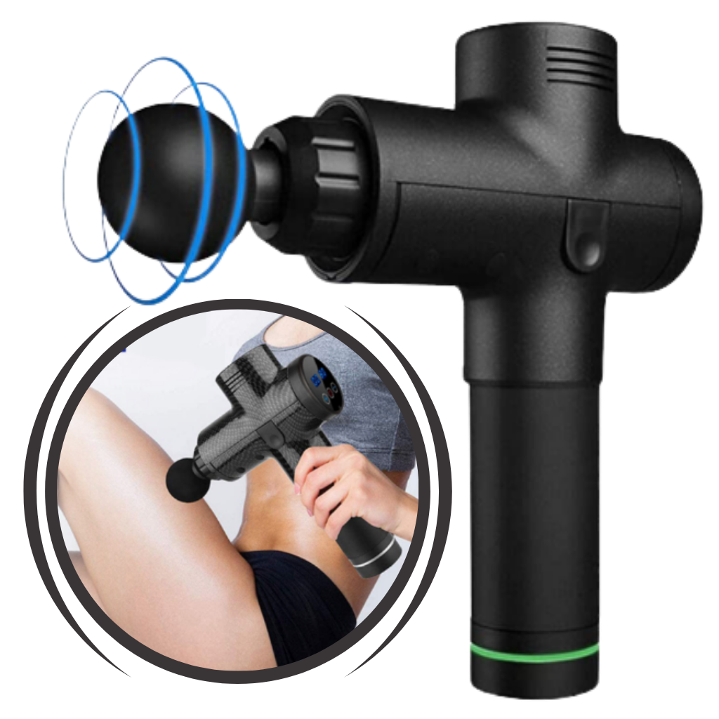 Pistolet de massage Homedics de alta velocidade para relaxamento muscular, com design ergonômico e cabeças intercambiáveis.