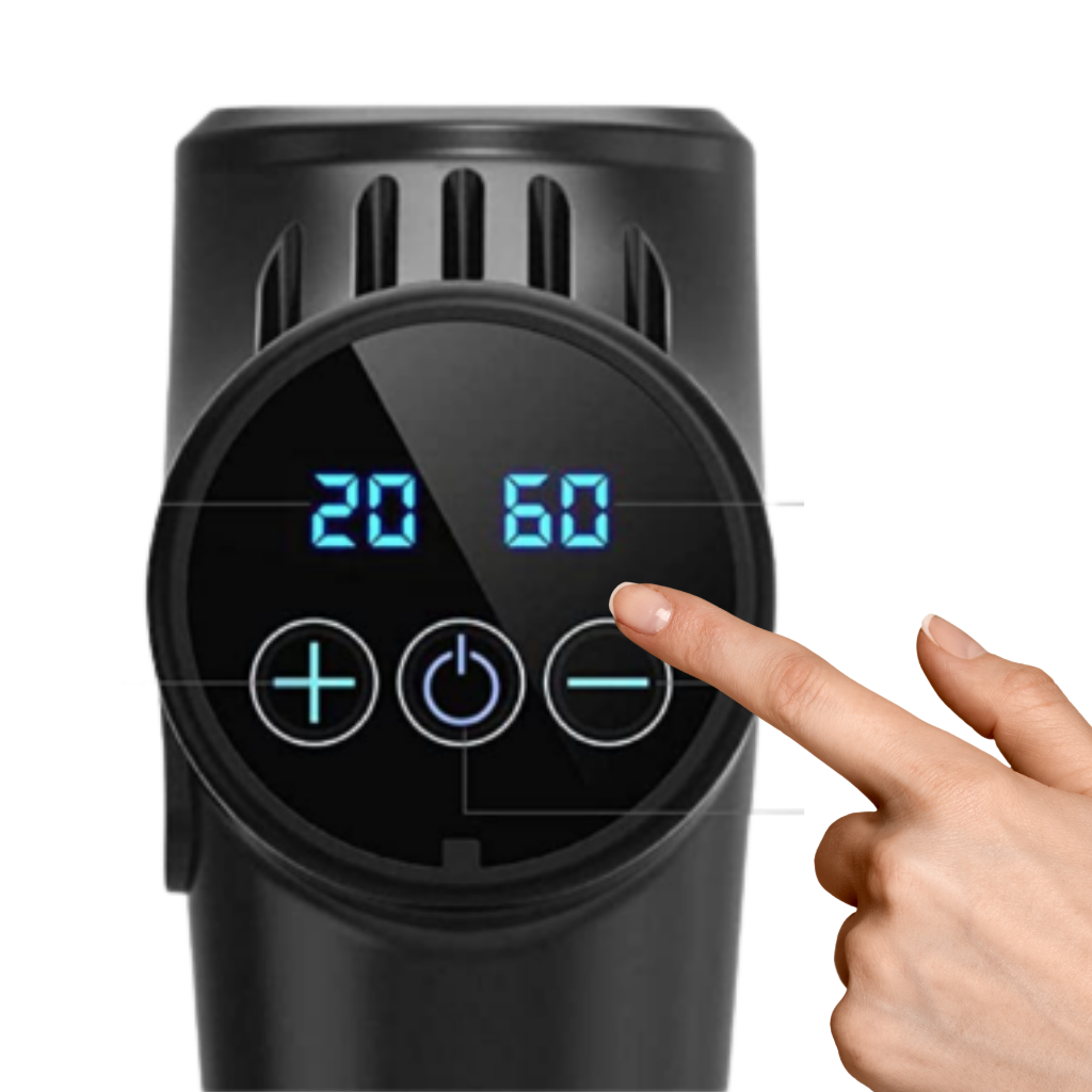 Pistolet de massagem Homedics de múltiplas velocidades para relaxamento muscular, com design ergonômico e acessórios inclusos.