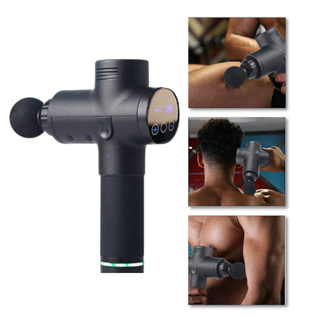Pistolet de massagem Homedics de alta velocidade para relaxamento muscular, com diferentes níveis de intensidade.