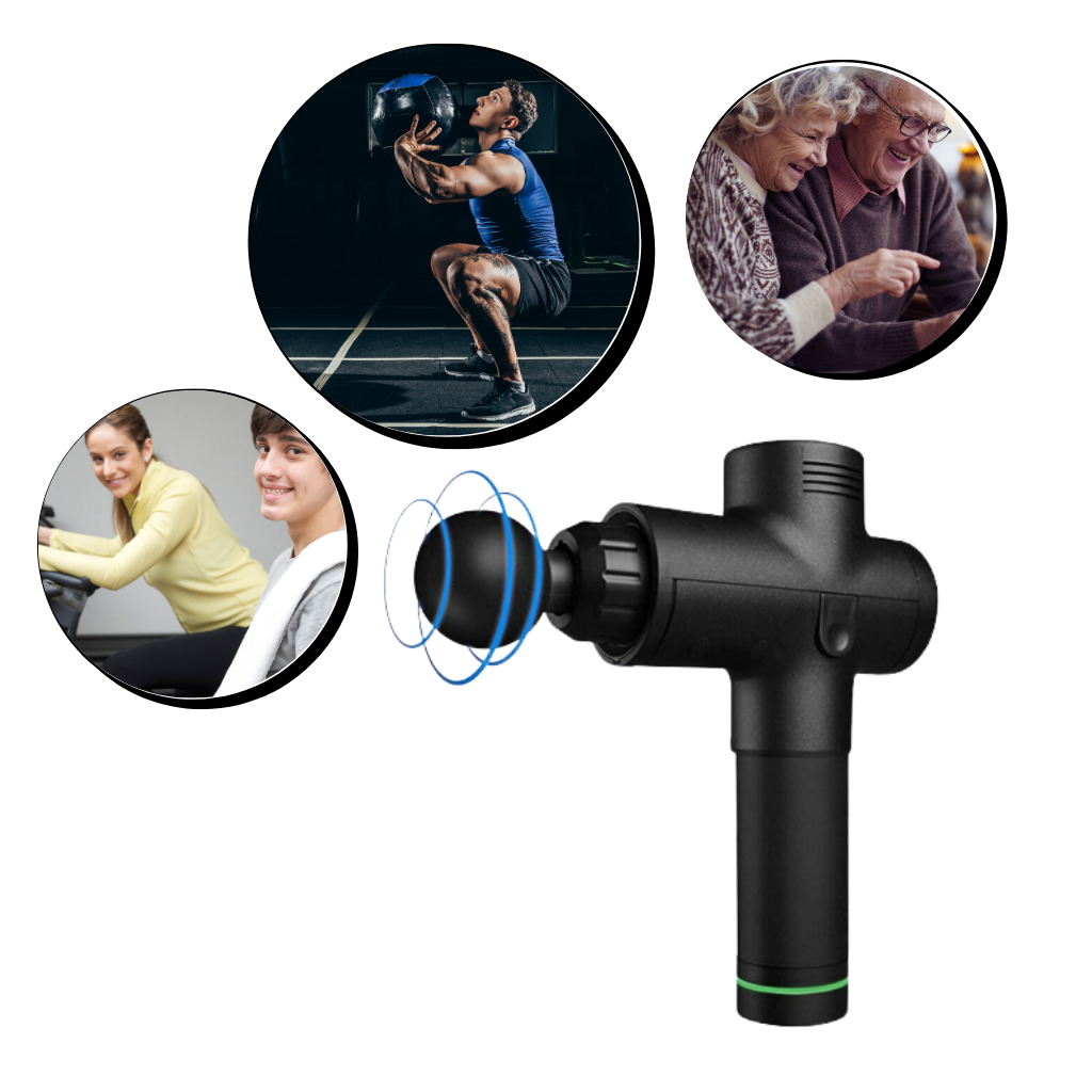 Pistolet de massagem Homedics de múltiplas velocidades para relaxamento muscular, com detalhes visíveis e design ergonômico.