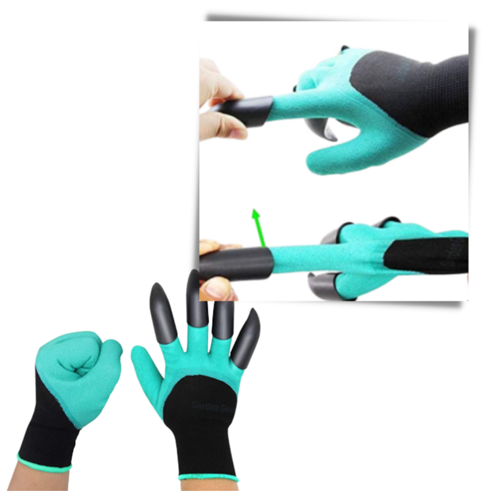 Luvas de jardinagem Homeme com garras para escavar e cuidar das plantas, materiais resistentes e design ergonômico.