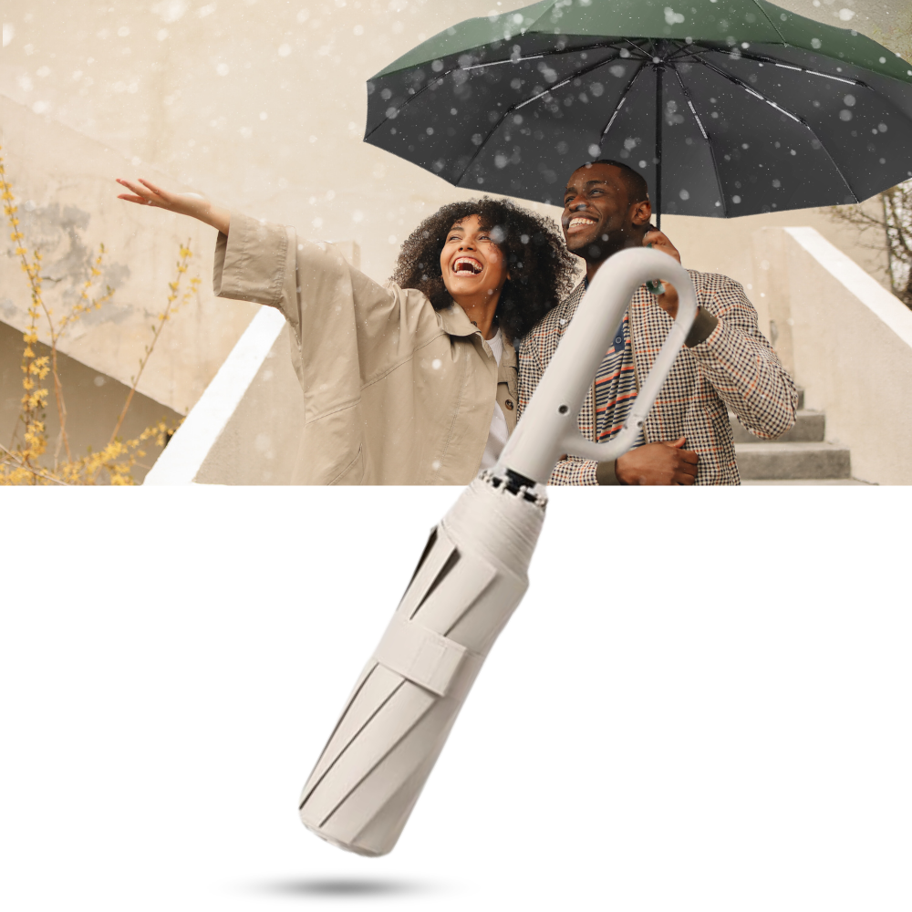 Guarda-chuva azul da Homgreen resistente ao vento com sistema de fechamento automático, ideal para proteção contra chuva e vento.