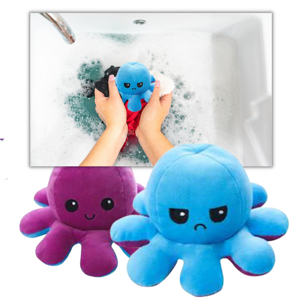 Peluche reversível mini polvo Homyl, fofinha e colorida, usada como brinquedo ou decoração, com detalhes de olhos e tentáculos.