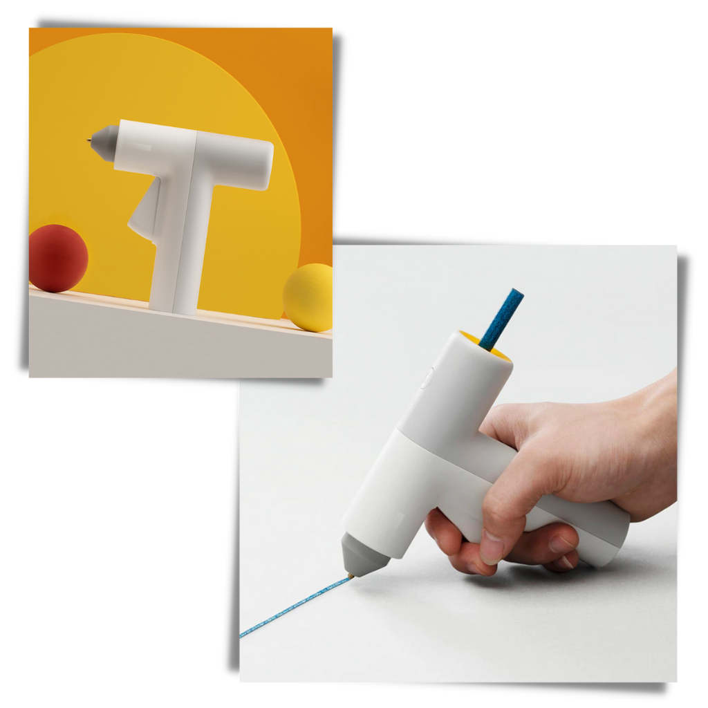 Pistolet à colle chaude sem fio da marca Hoto, ideal para artesanato e trabalhos criativos, mostrado em uso com cola quente.