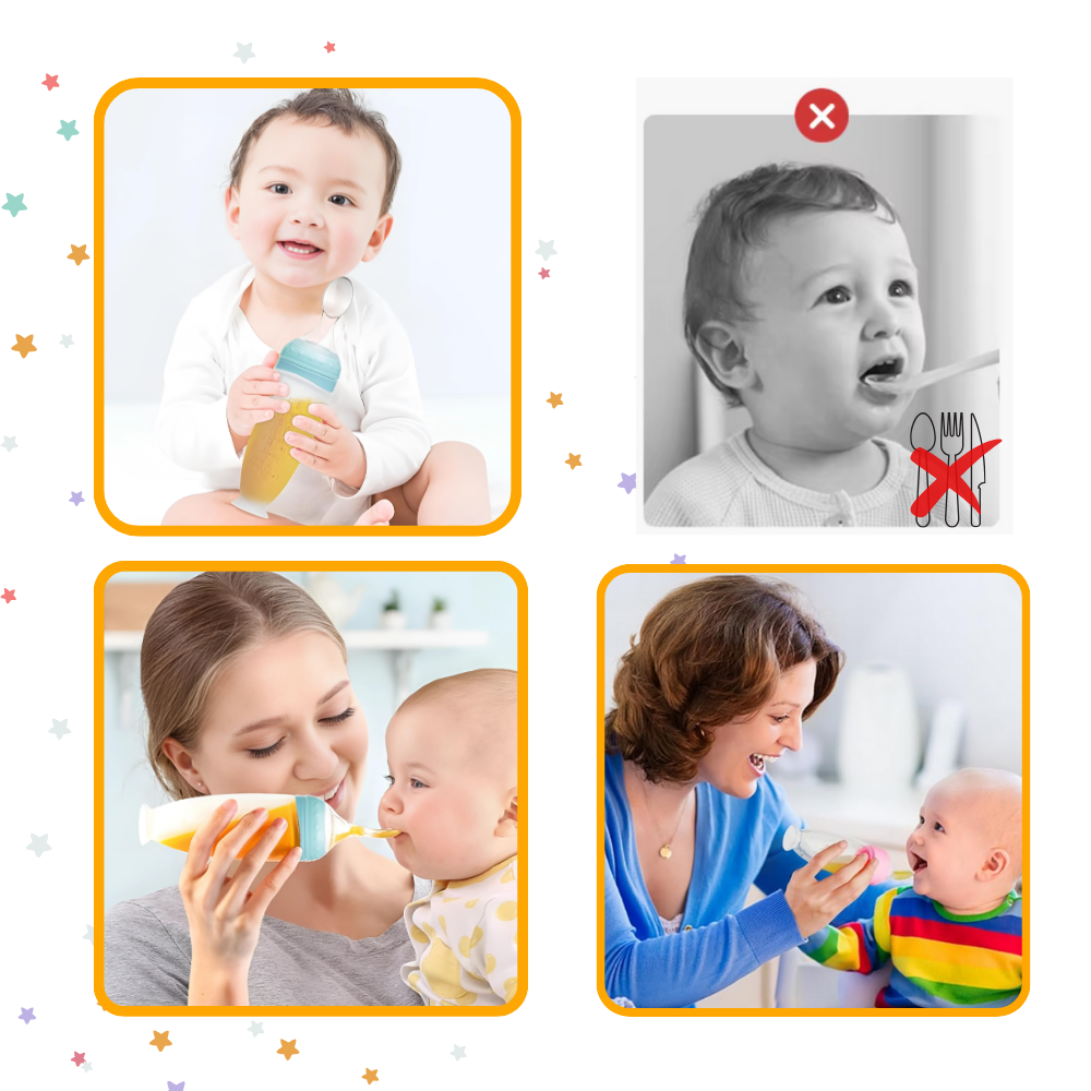 Biberons de silicone Hotwinter com colher anti-debordamento em tom rosa, ideal para alimentação infantil.