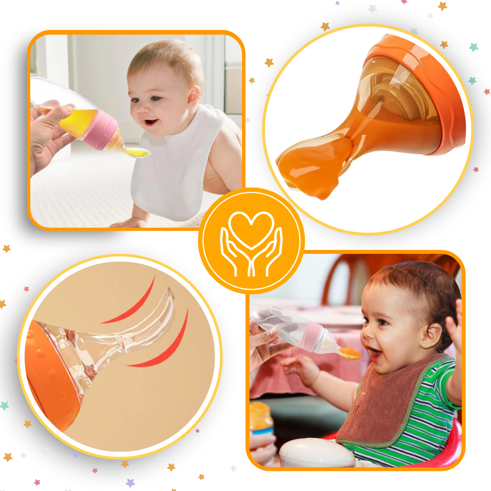 Biberons de silicone Hotwinter com colher anti-derramamento, cor rosa, ideal para alimentação infantil segura e prática.