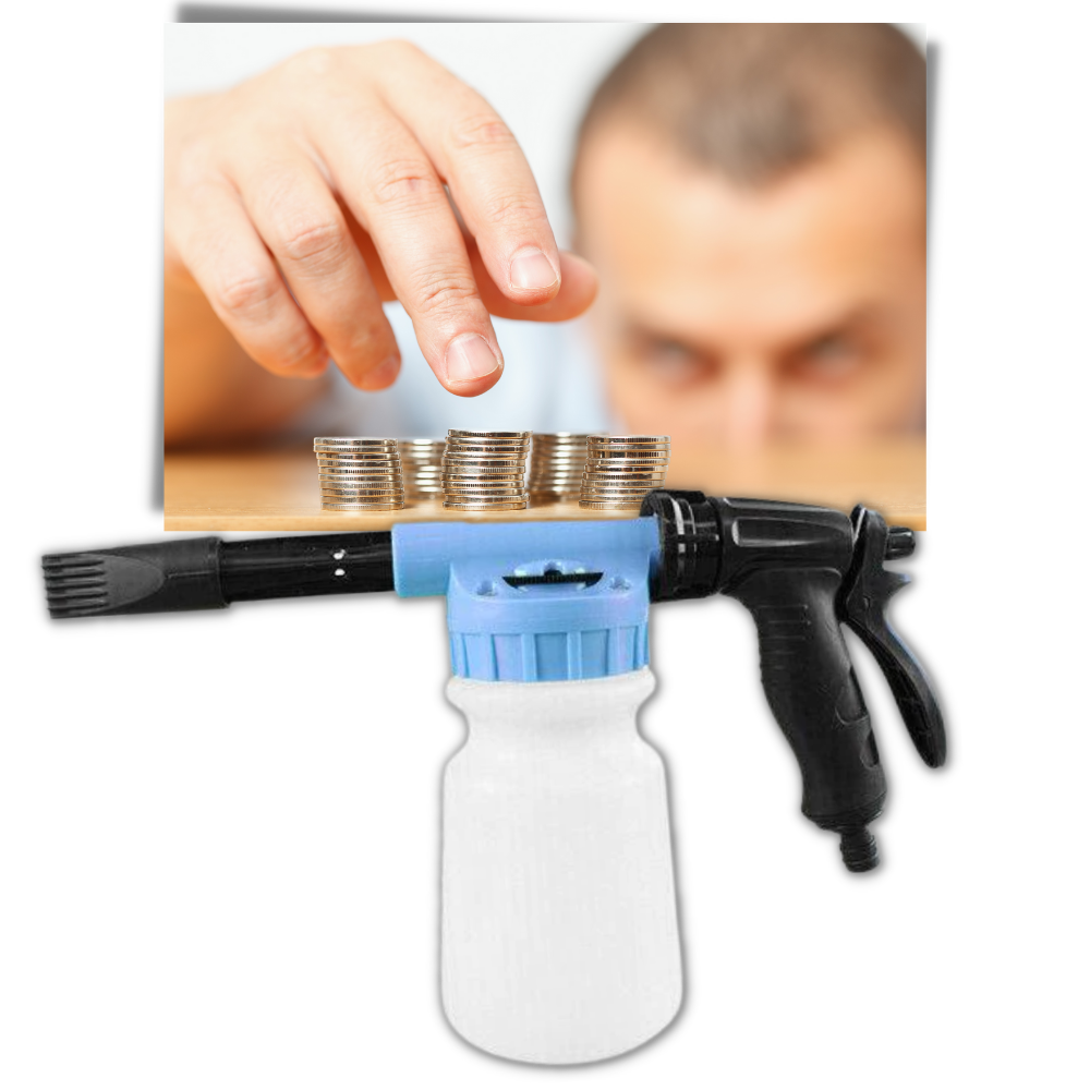Pistolet à mousse Houkiper para limpeza e decoração de veículos, mostra a ponta e o corpo do equipamento de espuma.