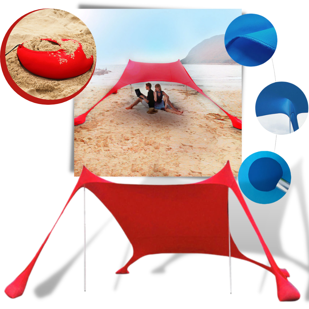 Tenda de sombra leve para praia da marca Htovila, em cor vermelha, ideal para atividades ao ar livre na praia.