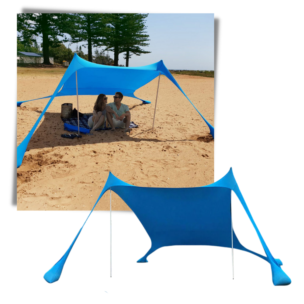 Tente de ombragem leve para praia, marca Htovila, em tecido vermelho, ideal para proteção solar ao ar livre na praia.
