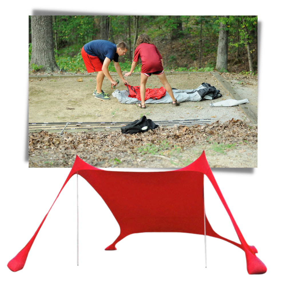 Tente de Ombroagem leve para praia da marca Htovila, estrutura em vermelho, ideal para atividades ao ar livre na praia.
