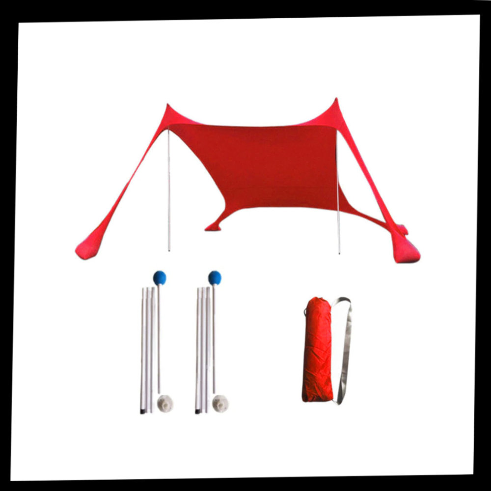 Tenda de Ombro leve da Htovila para praia, estrutura vermelha e proteção contra o sol, ideal para atividades ao ar livre.