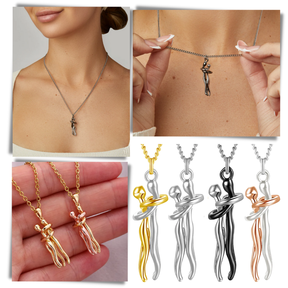 Colar de casal Foviza Câlin com pingentes de abraço, feito em metal com acabamento detalhado, símbolo de amor e conexão.