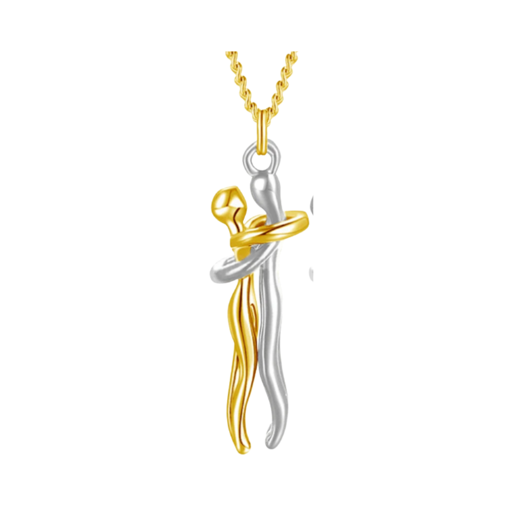 Colar de casal Câlin da marca Foviza, colar de amizade com design de abraço, em acabamento dourado, para casais e amigos.