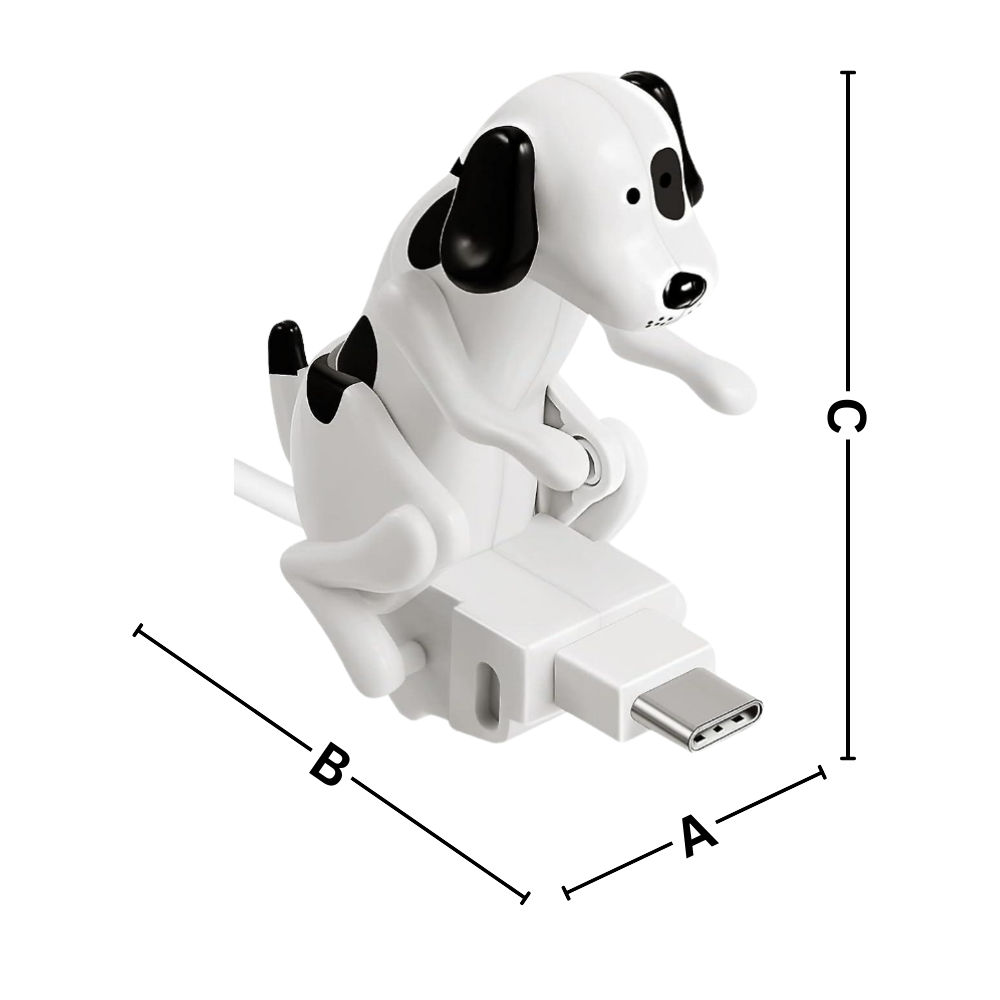Cabo de carregamento rápido em forma de cachorro da marca Lexi, com design de cachorro em posição de apoio para dispositivos móveis.