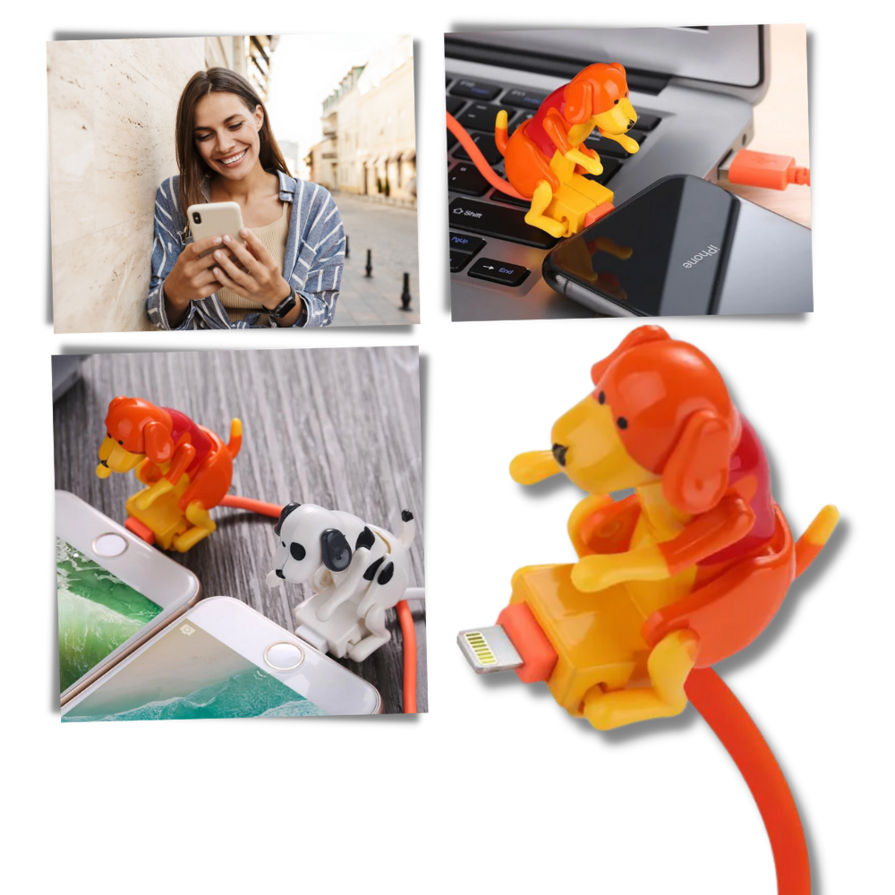 Cabo de carregamento rápido em forma de cachorro da marca Lexi, com design de cachorro empurrando, para dispositivos eletrônicos.