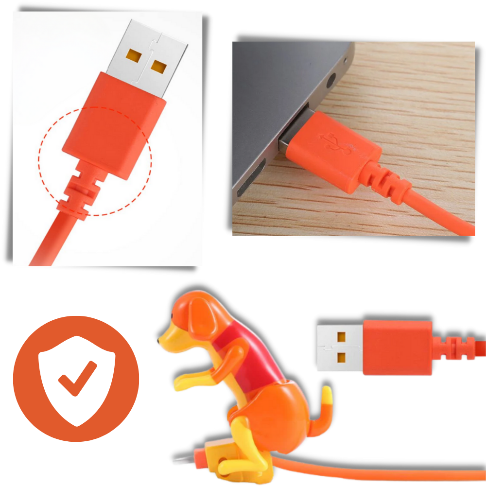 Cabo de carregamento rápido em forma de cachorro da marca Lexi, com conector USB para dispositivos eletrônicos.