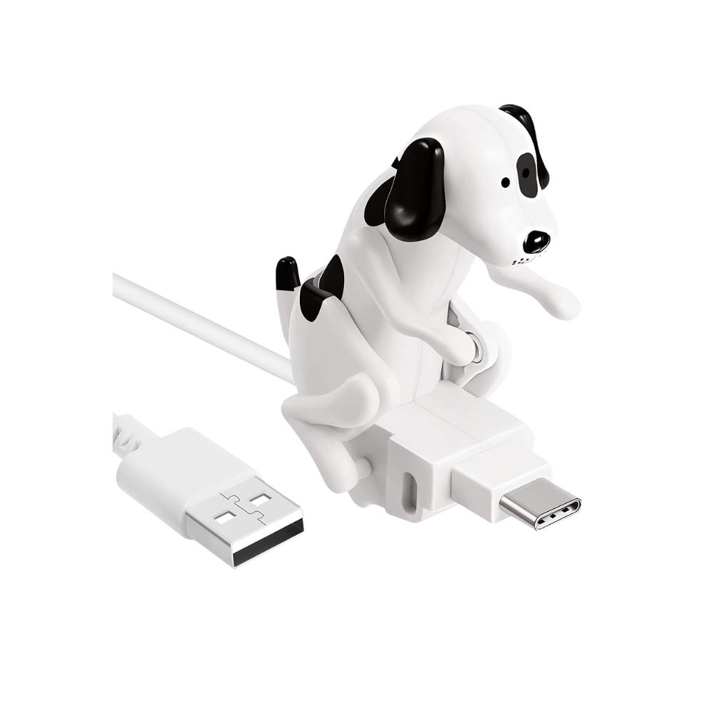 Cabo de carregamento rápido em forma de cachorro da marca Lexi, branco, com design de cachorro empinando, para dispositivos eletrônicos.