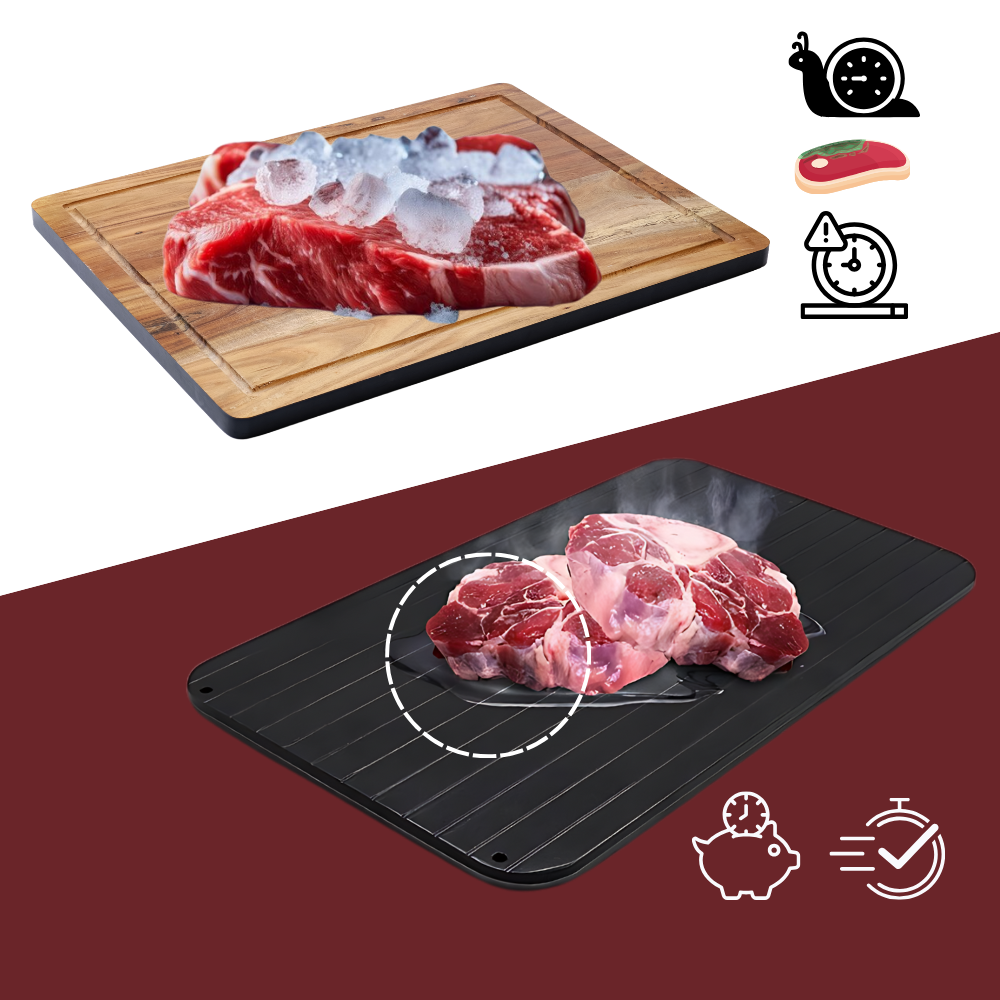 Prato de descongelamento rápido Huohuo, utensílio de cozinha para descongelar alimentos de forma eficiente.