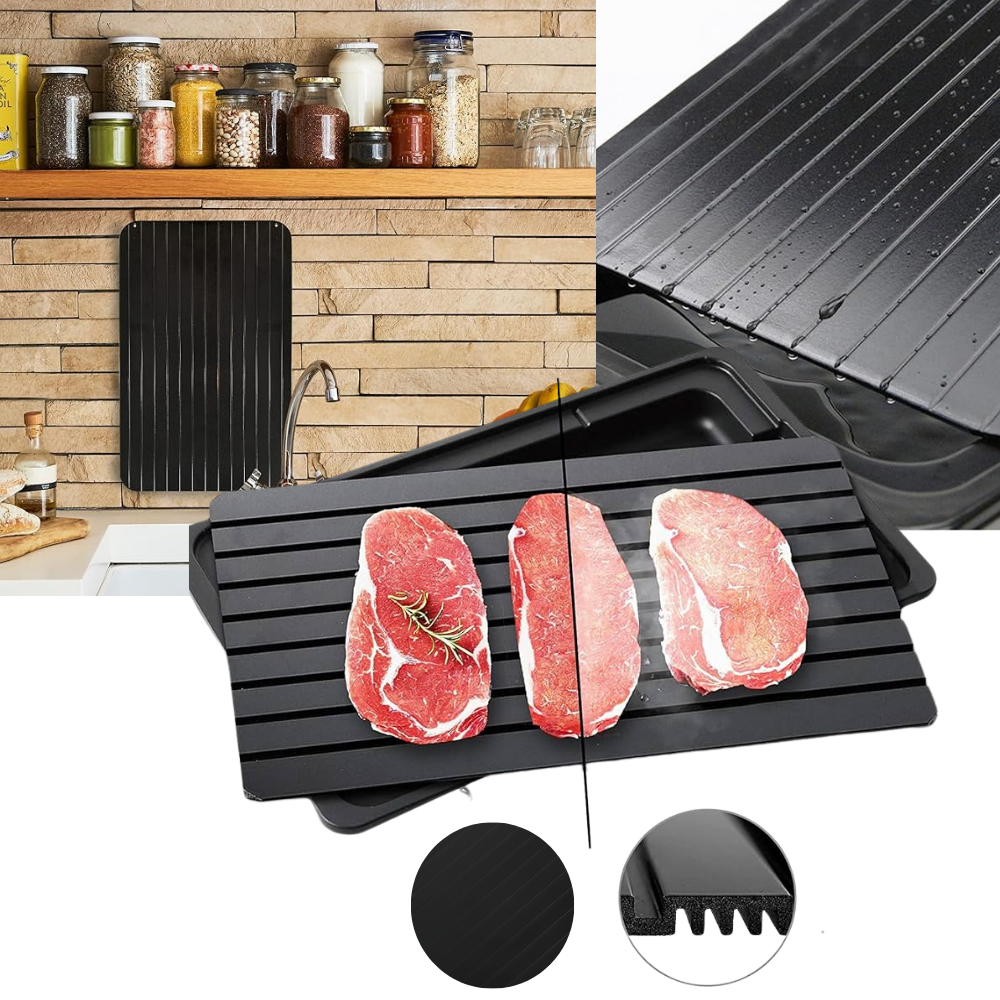 Plateau de décongelation rapide Huohuo, utensílio de cozinha para descongelar alimentos de forma eficiente.