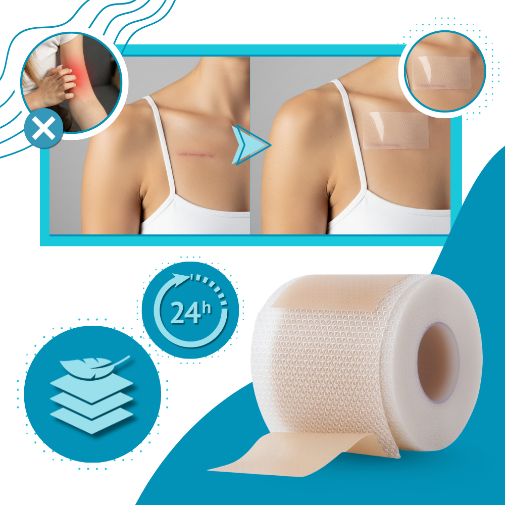 Adesivo de silicone com ácido hialurônico para cicatrizes, da marca Dongzhur, indicado para cuidados de primeiros socorros.