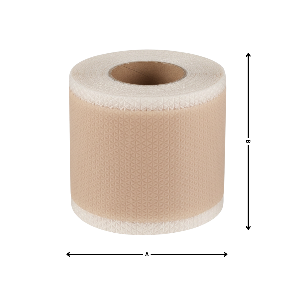 Adesivo de silicone com ácido hialurônico para cicatrizes, produto de primeiros socorros da marca Dongzhur, com dimensões visíveis.
