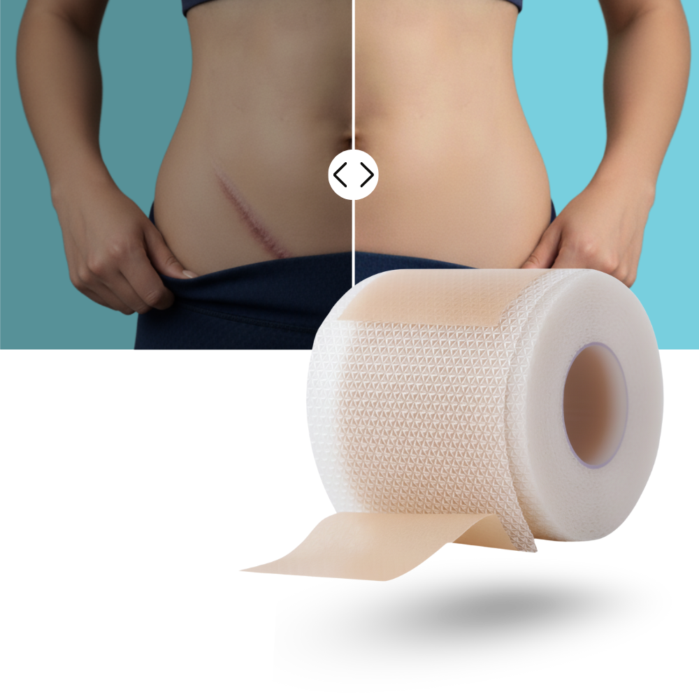 Adesivo de silicone com ácido hialurônico para cicatrizes, marca Dongzhur, mostrando a embalagem e o patch para primeiros socorros.