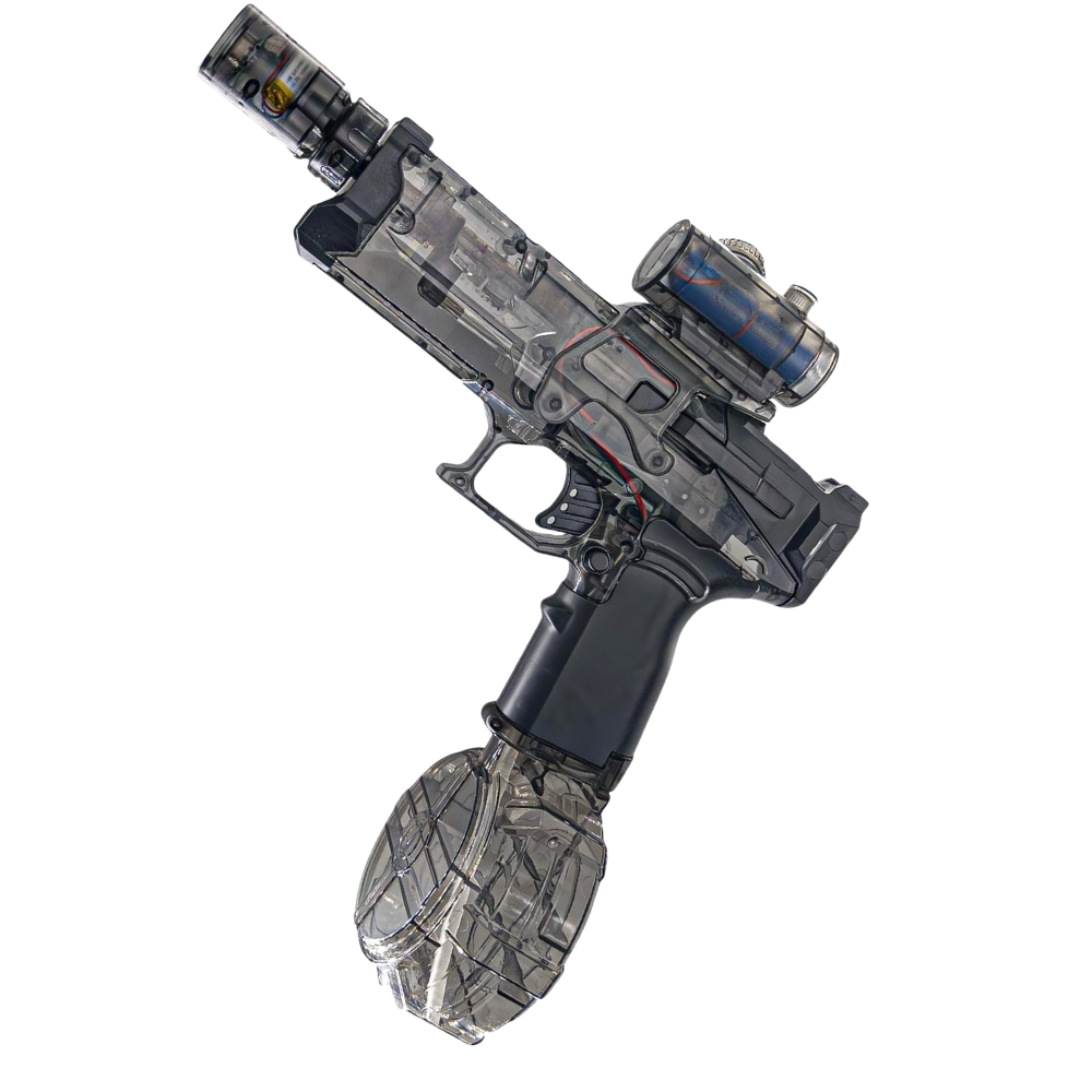 Pistola de água elétrica Hearnice para jogos ao ar livre, corpo preto com detalhes coloridos, diversão para crianças e adultos.