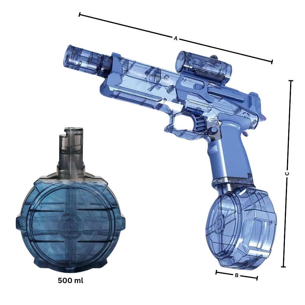 Pistola de água elétrica Hearnice para jogos ao ar livre, corpo plástico azul e detalhes coloridos, pronta para diversão.