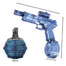 Pistola de água elétrica Hearnice para jogos ao ar livre, corpo plástico azul e detalhes coloridos, pronta para diversão.