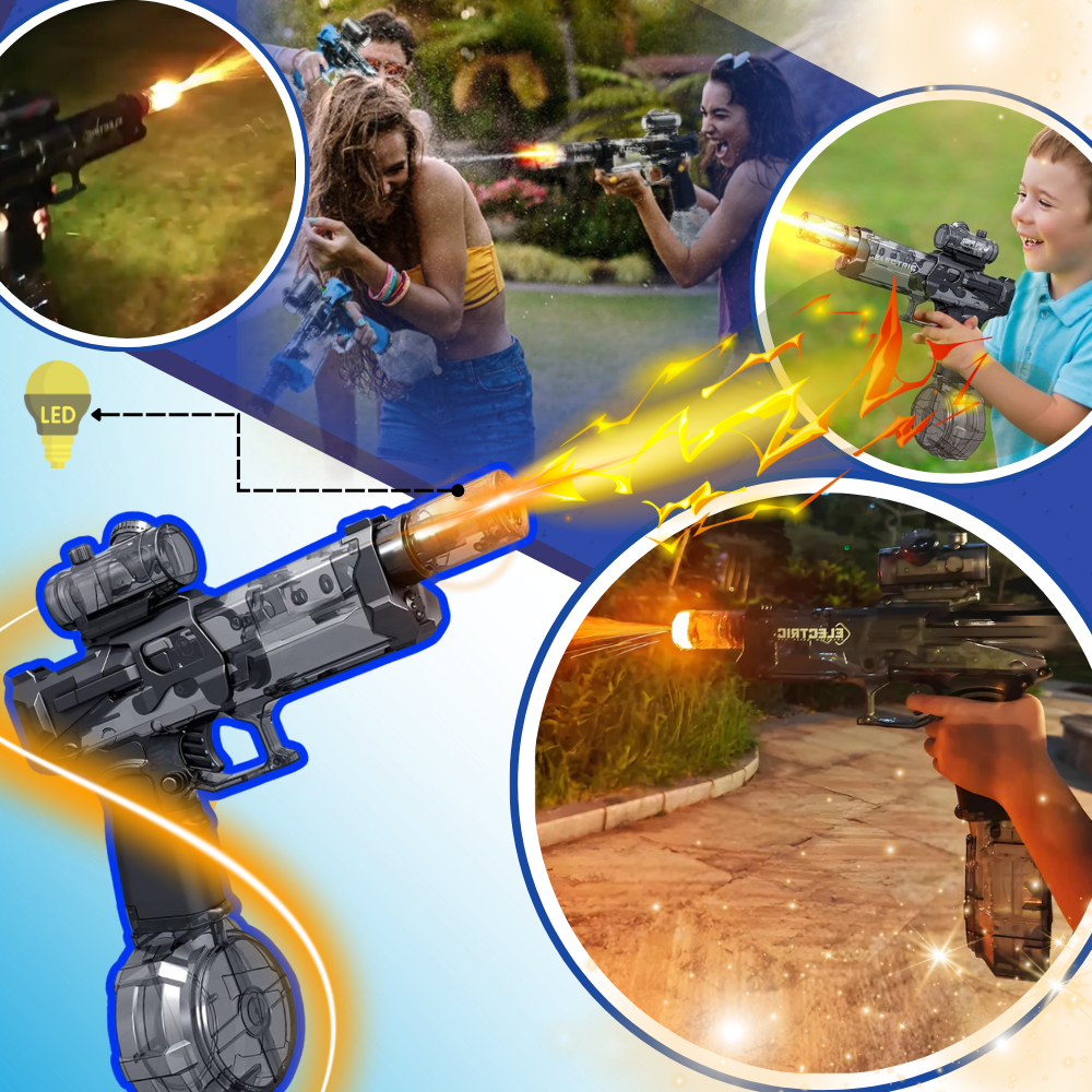 Pistola de água elétrica Hearnice para jogos ao ar livre, com tubo de jato de água e design colorido e divertido.