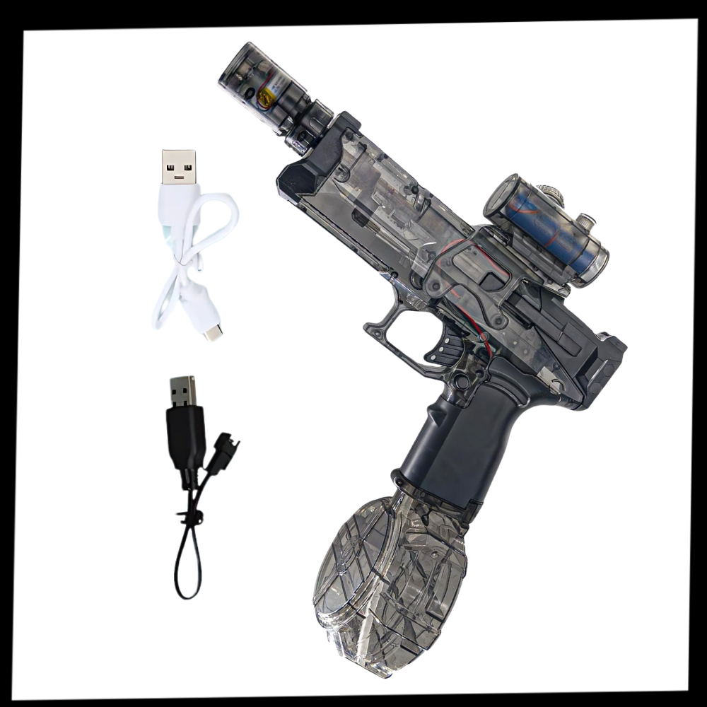 Jogo de pistola d'água elétrica Hearnice para brincadeiras ao ar livre, com embalagem e detalhes do produto.