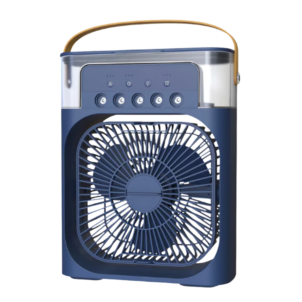 Climatizador portátil à água Menolana de cor azul, dispositivo compacto para resfriamento e aquecimento de ambientes.