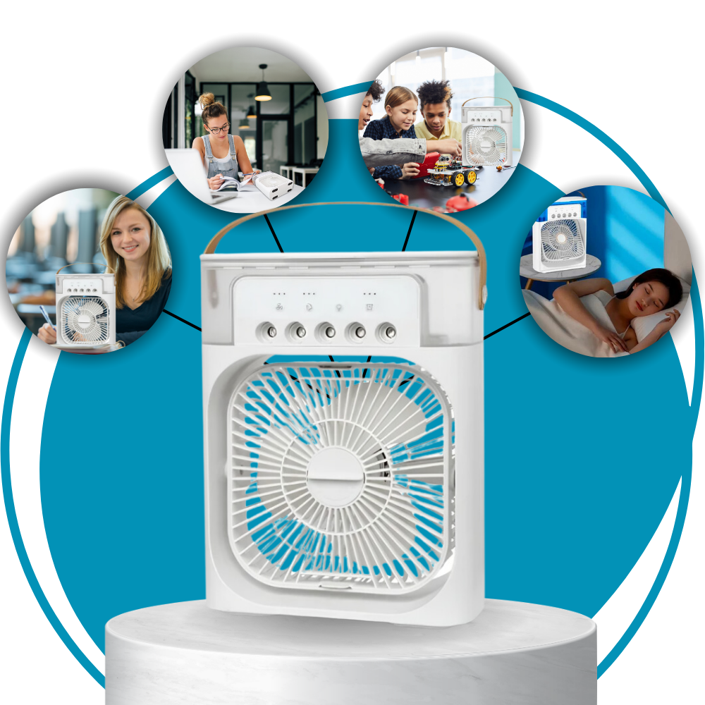 Climatizador portátil de água Menolana, compacto, com painel de controle e acabamento branco para resfriamento e aquecimento.