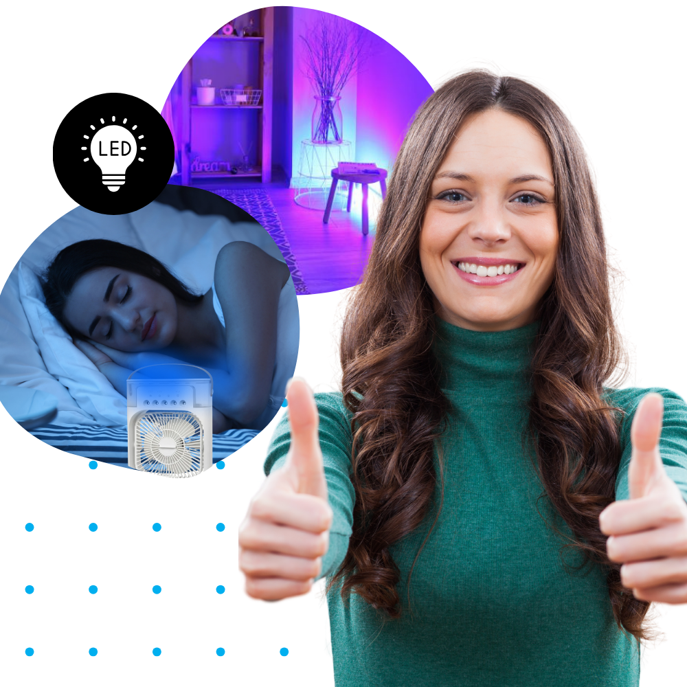 Climatizador portátil Menolana com sistema de resfriamento por água, compacto e ideal para ambientes internos.