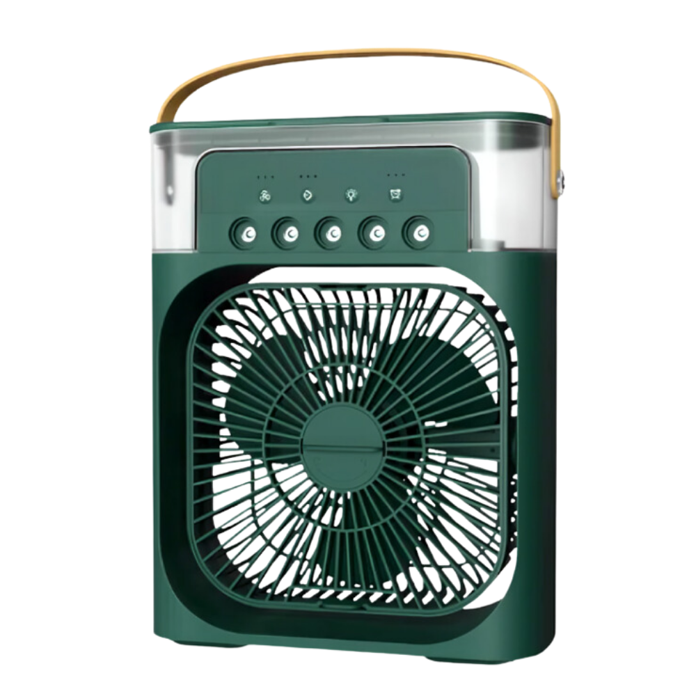 Climatizador portátil pequeno da Menolana em verde, sistema de resfriamento por água, ideal para ambientes pequenos.