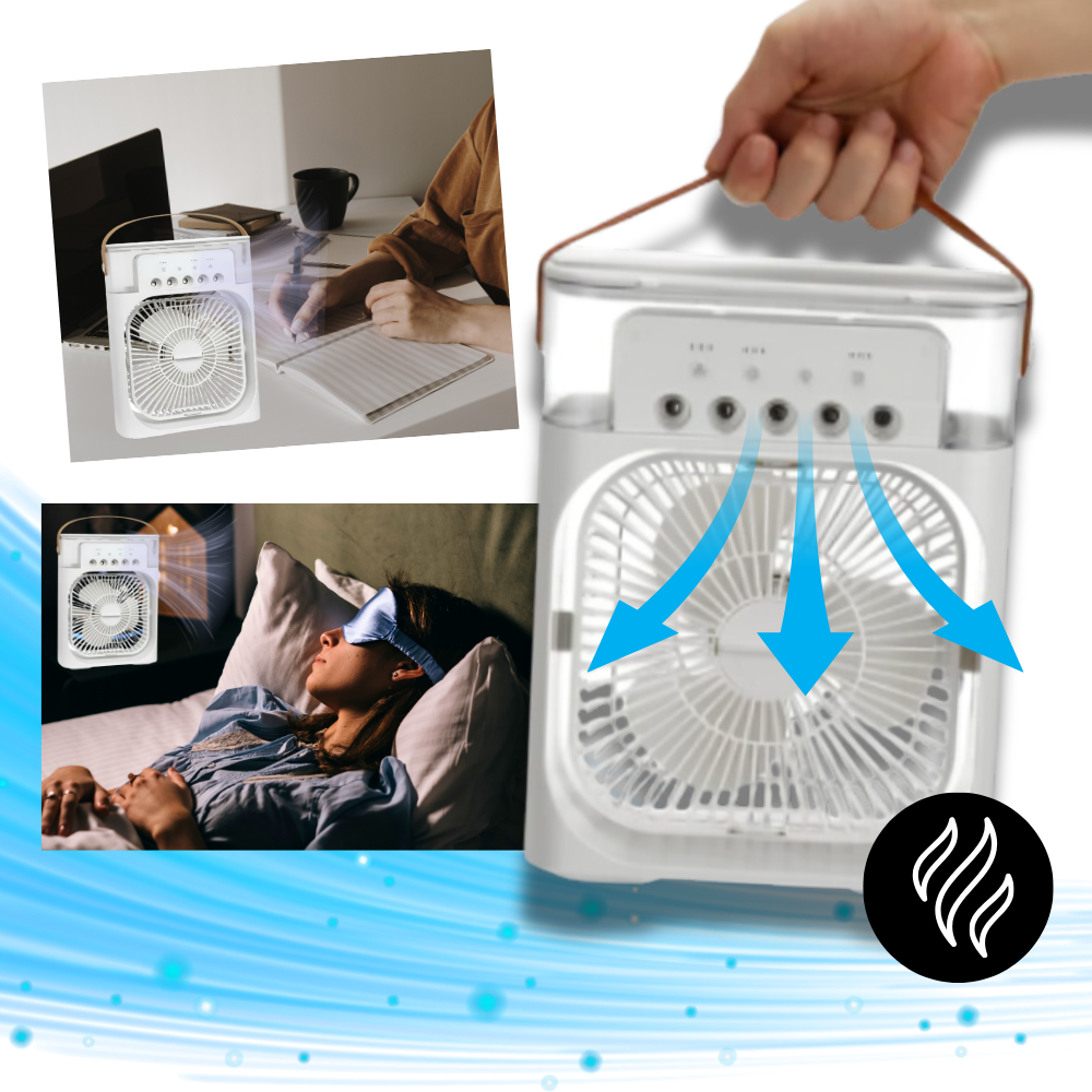 Climatizador portátil a água Menolana, dispositivo compacto para resfriamento e aquecimento eficiente.