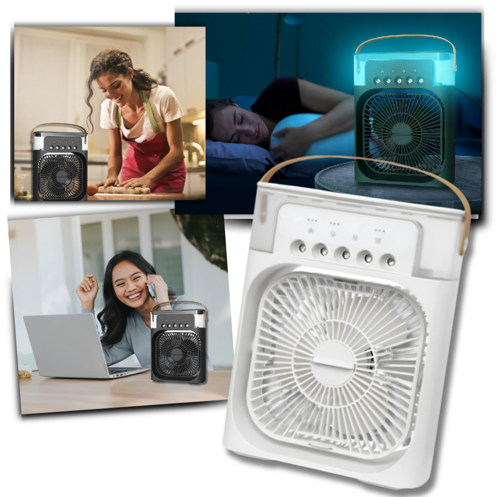 Climatizador portátil a água Menolana, pequeno e eficiente, usado para resfriar e ventilar ambientes de forma prática.