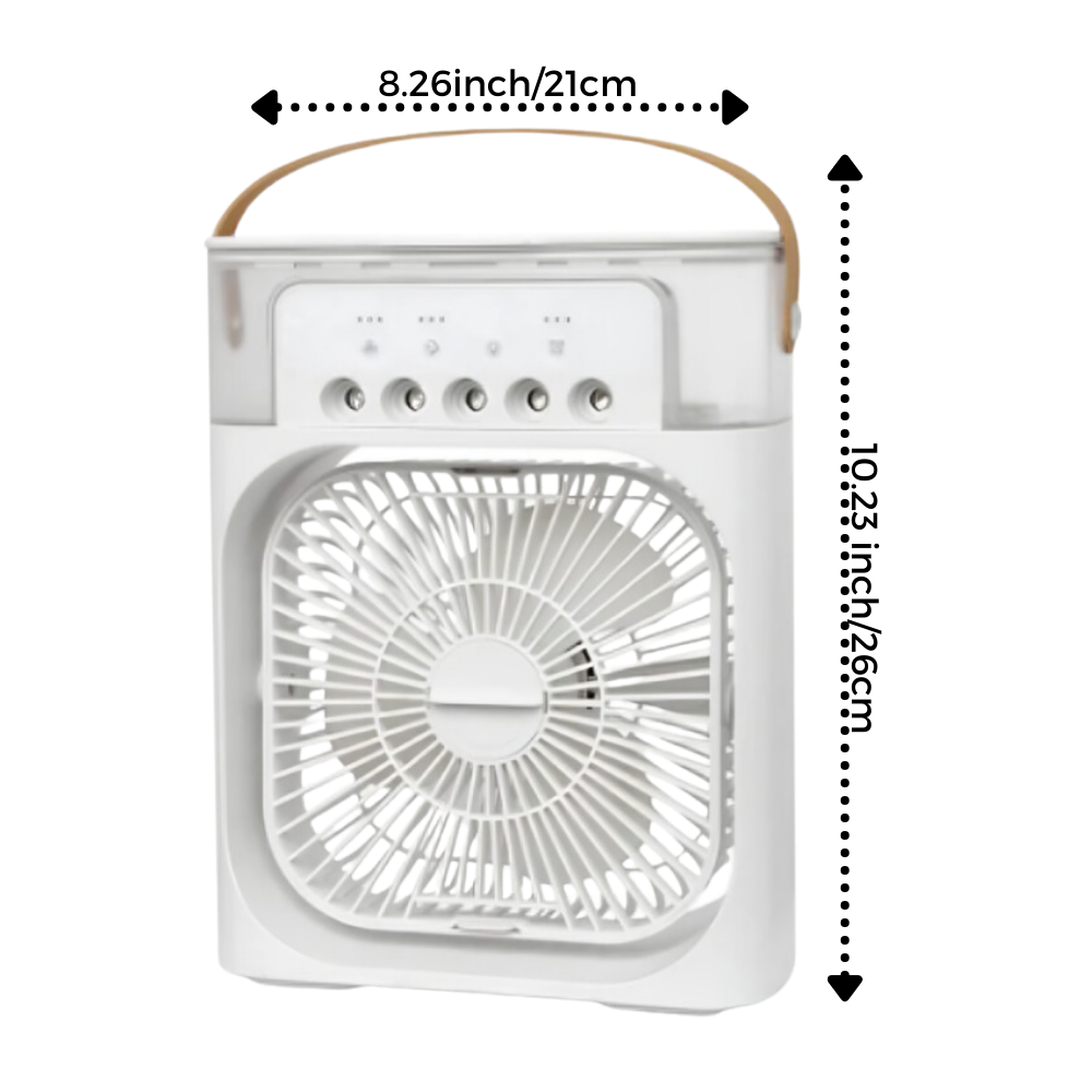 Climatizador portátil a água Menolana, compacto, para resfriamento e ar-condicionado, com detalhes técnicos visíveis.