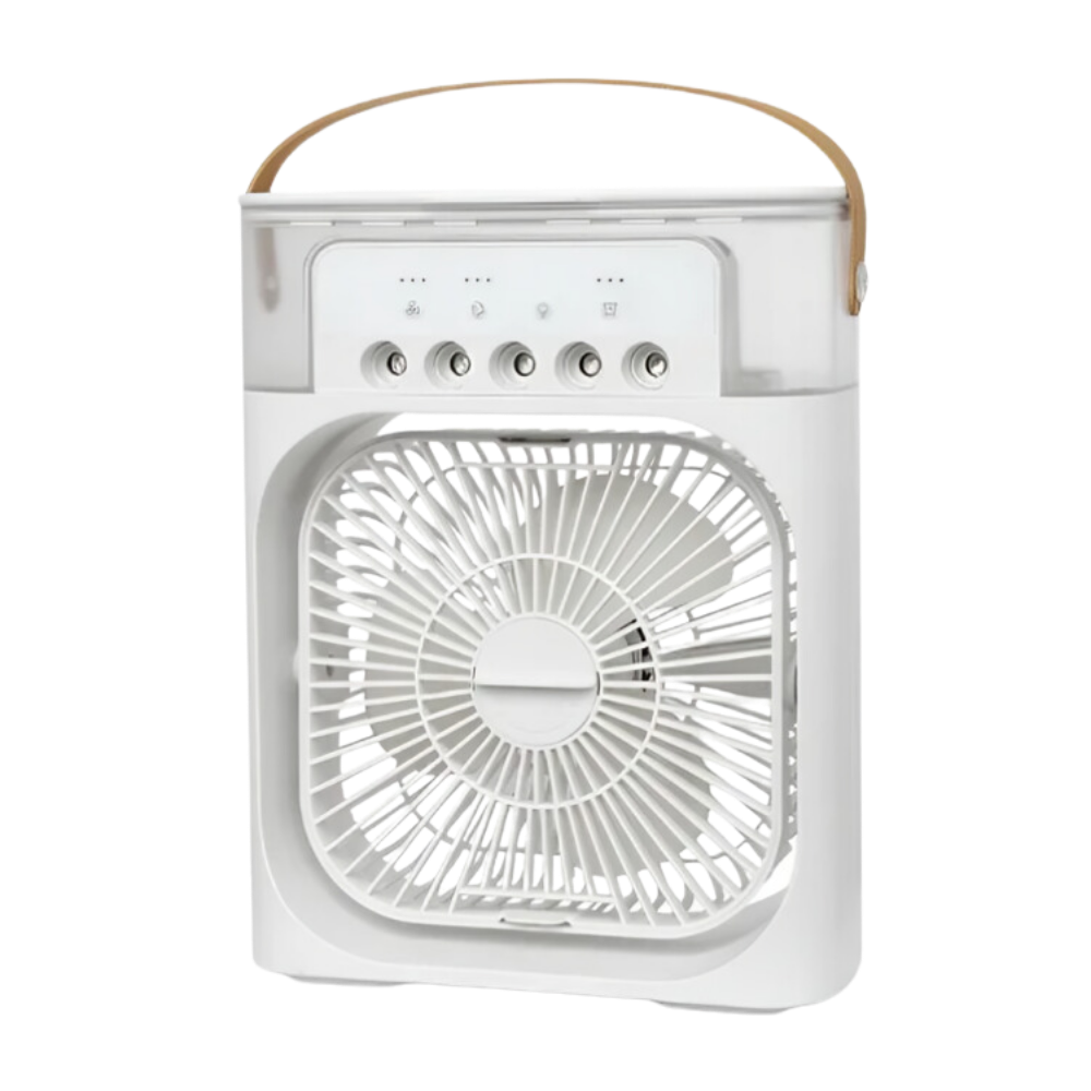 Climatizador portátil Menolana de cor branca, sistema de resfriamento a água, compacto e eficiente para ambientes pequenos.