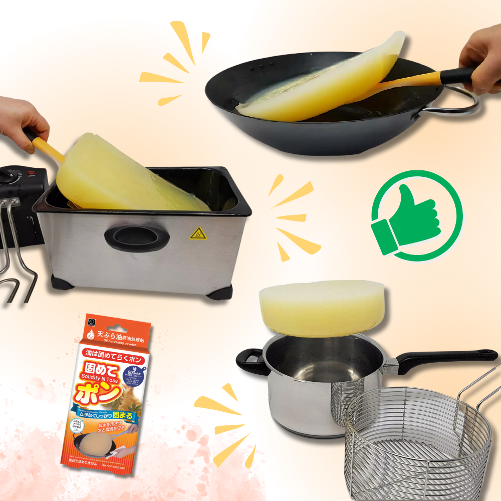 Solidificante de óleo de fritura FryAway para limpeza doméstica, mostra o produto em embalagem prática e adaptável para uso fácil